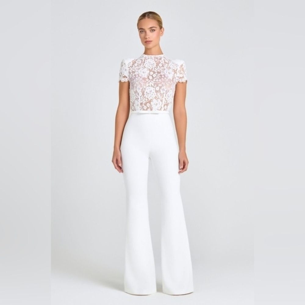 NADINE MERABI White Hottie Lace Flare Jumpsuit DXL2